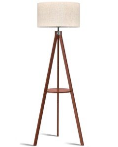 LEPOWER Tripod Floor Lamp, Mid Century Wood Standing Lamp, Modern Design Shelf Floor Lamp for Living Room, Bedroom, Office, Flaxen Linen Shade with E26 Base Brown