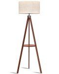 LEPOWER Tripod Floor Lamp, Mid Century Wood Standing Lamp, Modern Design Shelf Floor Lamp for Living Room, Bedroom, Office, Flaxen Linen Shade with E26 Base Brown
