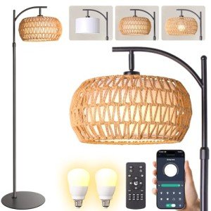 DRAWNCAT Boho Rattan Floor Lamp with Shade - 12W Bright LED Bulb, Adjustable Height 48-60 Inch, Remote Control 3 Color Temperatures, Handwoven Arc Standing Light for Living Room & Bedroom