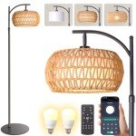 DRAWNCAT Boho Rattan Floor Lamp with Shade - 12W Bright LED Bulb, Adjustable Height 48-60 Inch, Remote Control 3 Color Temperatures, Handwoven Arc Standing Light for Living Room & Bedroom