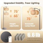 DRAWNCAT Boho Rattan Floor Lamp with Shade - 12W Bright LED Bulb, Adjustable Height 48-60 Inch, Remote Control 3 Color Temperatures, Handwoven Arc Standing Light for Living Room & Bedroom