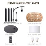 DRAWNCAT Boho Rattan Floor Lamp with Shade - 12W Bright LED Bulb, Adjustable Height 48-60 Inch, Remote Control 3 Color Temperatures, Handwoven Arc Standing Light for Living Room & Bedroom