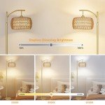 eyassi Arc Floor Lamp with 3 Color Temperatures, LED Gold Floor Lamp with Remote & Stepless Dimmable Bulb, Boho Standing Lamp with Rattan & Fabric Shades, Farmhouse Tall Lamp for Living Room Bedroom