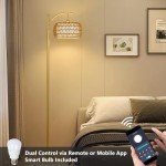 eyassi Arc Floor Lamp with 3 Color Temperatures, LED Gold Floor Lamp with Remote & Stepless Dimmable Bulb, Boho Standing Lamp with Rattan & Fabric Shades, Farmhouse Tall Lamp for Living Room Bedroom