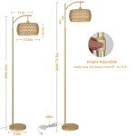eyassi Arc Floor Lamp with 3 Color Temperatures, LED Gold Floor Lamp with Remote & Stepless Dimmable Bulb, Boho Standing Lamp with Rattan & Fabric Shades, Farmhouse Tall Lamp for Living Room Bedroom