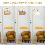 eyassi Arc Floor Lamp with 3 Color Temperatures, LED Gold Floor Lamp with Remote & Stepless Dimmable Bulb, Boho Standing Lamp with Rattan & Fabric Shades, Farmhouse Tall Lamp for Living Room Bedroom