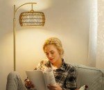 eyassi Arc Floor Lamp with 3 Color Temperatures, LED Gold Floor Lamp with Remote & Stepless Dimmable Bulb, Boho Standing Lamp with Rattan & Fabric Shades, Farmhouse Tall Lamp for Living Room Bedroom