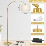 Gold Arc Floor Lamp, Dimmable Floor Lamp for Living Room, Mordern Standing Light with Adjustable Lamp Head, Tall Pole Lamp Over Couch Arched Light for Reading, Bedroom, Office, 9W LED Bulb Included