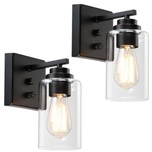 Pia Ricco Wall Sconces Set of Two, Bedside Wall Lamps with Rotary Switch for Bedroom, Modern Bathroom Light Fixtures with Clear Glass Shade, Black Sconces Wall Lights for Living Room, Hallway, Kitchen