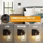 Pia Ricco Wall Sconces Set of Two, Bedside Wall Lamps with Rotary Switch for Bedroom, Modern Bathroom Light Fixtures with Clear Glass Shade, Black Sconces Wall Lights for Living Room, Hallway, Kitchen