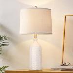 JUNNAI White Ceramic Table Lamp 24.5": 3-Way Dimmable Bedside Lamp with White Drum Slub Shade, Modern Nightstand Lamp for Bedroom & Living Room (Bulb Included)
