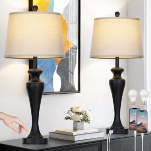 luxeflow 30" Black Table Lamps Set of 2, Touch Control Tall Living Room Lamp with USB A+C Ports and AC Outlet, 3-Way Dimmable Bedside Lamps for Nightstand, Modern Metal Bedroom Lamp, 2 Bulbs Included