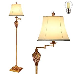 Traditional LED Floor Lamp with 350° Adjustable – Vintage Pole lamp Swing arm for Living Room, Bedroom and Office – Rustic Upright Floor Light for Home Décor with Faux Silk Fabric Shade
