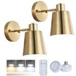 HOTRAN Battery Operated Wall Sconce Set of Two,Gold Modern with Remote Control Dimmable Wall Lighting Indoor, Not Hardwired Led Wall Lamp Fixtures for Bedroom, Bulb Included