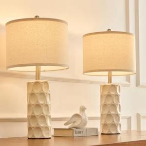 SAIWEYA 24" Modern Ceramic Table Lamp Set of 2 Bedroom Lamps, 3 Color Dimmable Bedside Lamps for Living Room Farmhouse Nightstand Lamp(Rotary-Cream White)
