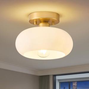 WOKNOS Mid-Century Modern Gold Semi Flush Mount Ceiling Light, Kitchen Ceiling Light Fixture with Glass Shade, Mini White Close to Ceiling Lamp for Entryway Hallway Bathroom (8.66 Inch)