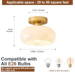 WOKNOS Mid-Century Modern Gold Semi Flush Mount Ceiling Light, Kitchen Ceiling Light Fixture with Glass Shade, Mini White Close to Ceiling Lamp for Entryway Hallway Bathroom (8.66 Inch)