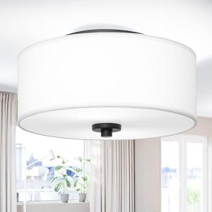 Lodstob 2-Light Flush Mount Ceiling Light Fixture, 12” Modern Close to Ceiling Light with White Fabric Linen Drum Shade, Round Ceiling Light for Bedroom Hallway Living Room Bathroom Dining Kitchen