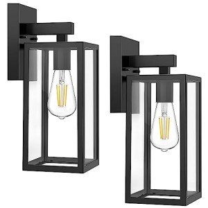 MAXvolador Outdoor Wall Sconce, Exterior Waterproof Wall Lantern Light Fixtures, Black Porch Lights with Toughened Glass Shade, Anti-Rust E26 Socket Front Door Wall Mount Lighting, 2 Pack