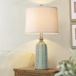JUNNAI Green Ceramic Table Lamp 24.5": 3-Way Dimmable Nightstand Lamp with White Drum Lamp Shade | Modern Bedside Lamp for Bedrooms & Living Room (Bulb Included)