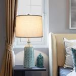 JUNNAI Green Ceramic Table Lamp 24.5": 3-Way Dimmable Nightstand Lamp with White Drum Lamp Shade | Modern Bedside Lamp for Bedrooms & Living Room (Bulb Included)