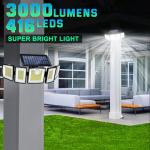Solar Lights Outdoor Waterproof Motion Sensor - 416 LEDs 3000 Lumens Super Bright 3 Brightness 3 Modes 2400mAh 360° Illumination 32ft Solar Flood Security Light for Outside (With ‎Remote Control, 2)