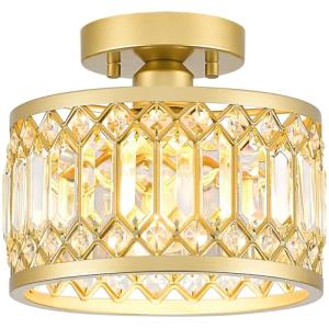 YURNYQ Crystal Ceiling Light Fixture, Modern Semi Flush Mount Ceiling Light, Gold Lighting Fixtures Ceiling Lamp for Hallway, Kitchen, Entryway, Bedroom, Laundry Room, 9.05 Inch