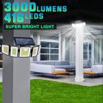 Solar Lights Outdoor Waterproof Motion Sensor - 416 LEDs 3000 Lumens Super Bright 3 Brightness 3 Modes 2400mAh 360° Illumination 32ft Solar Flood Security Light for Outside (With ‎Remote Control, 2)