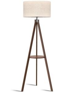 LEPOWER Mid Century Wood Standing Lamp, Modern Design Shelf Floor Lamp for Living Room, Bedroom, Office, Flaxen Shade with E26 Base, Perfect for Reading or Ambient Lighting Dark Brown