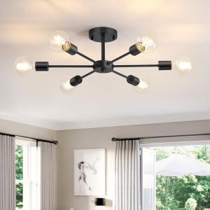 Lomoky 6-Lights Semi Flush Mount Ceiling Light, Matte Black Close to Ceiling Lighting with E26 Base, Modern Sputnik Light Fixtures for Kitchen Dining Room Bedroom Living Room