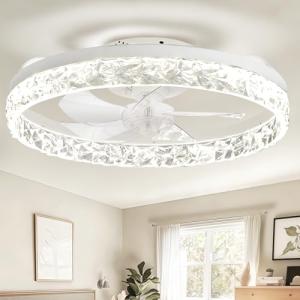 Ceiling Fans with Lights and Remote, 20 Inch White Low Profile Flush Mount Ceiling Fans with 3000-6000K Dimmable and 6 Wind Speeds, Modern Style with APP for Bedroom
