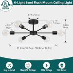 Lomoky 6-Lights Semi Flush Mount Ceiling Light, Matte Black Close to Ceiling Lighting with E26 Base, Modern Sputnik Light Fixtures for Kitchen Dining Room Bedroom Living Room