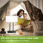 Bedside Touch Control Table Lamp with Dual USB Charging Ports 1 AC Outlet, 3 Way Dimmable Modern Nightstand Lamp with White Fabric Shade, Desk Lamp for Bedroom Living Room Office with 5000K LED Bulb