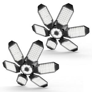 POLARPRA Garage Lights - 2Pack Super Bright 32000LM LED Garage Ceiling Light 6500K LED Shop Light w/ 6 Deformable Panels Screw in E26/E27 Socket Light Bulbs for Workshop Storage Warehouse Attic