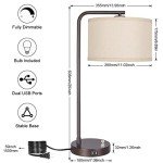 Side Table Lamp with Dual USB Ports, Dimmable Bedside Lamp Modern Nightstand Lamp Desk Reading Lamp with Linen Lampshade for Bedroom, Living Room, Study Room, Office, 9W 3000K LED Bulb Included