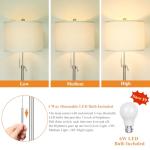 Brushed Nickel Floor Lamp for Living Room, Adjustable Height Standing Lamp with Metal Base, 3-Way Dimmable Tall Pole Light with White Linen Shade for Bedroom, Pull Chain Switch, 6W LED Bulb Included