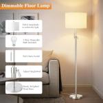 Brushed Nickel Floor Lamp for Living Room, Adjustable Height Standing Lamp with Metal Base, 3-Way Dimmable Tall Pole Light with White Linen Shade for Bedroom, Pull Chain Switch, 6W LED Bulb Included