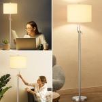 Brushed Nickel Floor Lamp for Living Room, Adjustable Height Standing Lamp with Metal Base, 3-Way Dimmable Tall Pole Light with White Linen Shade for Bedroom, Pull Chain Switch, 6W LED Bulb Included