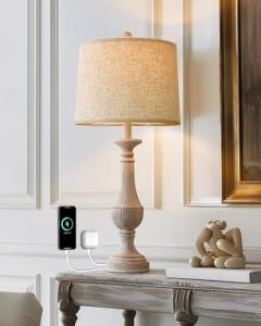 PoKat 27.25'' Table Lamp for Living Room with 2 USB Ports - Bedside Lamps for Night Stands, Farmhosue Nightstand Light Lamp, Mid Century Tall Lamp for Bedroom, Living Room, End Table, Distressed White