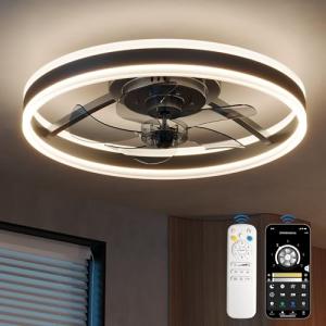 CubiCubi Modern Ceiling Fans, 20 Inch Black Ceiling Fan with Lights and Remote Control, APP, LED Fandelier with 3CCT and 6 Wind Speeds, Low Profile Ceiling Fans with Lights for Bedroom, Office