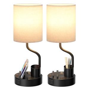 Bedside Table Lamps for Bedroom Set of 2 - Nightstand Light with AC Outlet and USB A & C for Charging, 3 Color Temperatures, Study Desk Lamp with Pen Holder & Phone Stand for Living Room/Dorm/Office