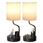 Bedside Table Lamps for Bedroom Set of 2 - Nightstand Light with AC Outlet and USB A & C for Charging, 3 Color Temperatures, Study Desk Lamp with Pen Holder & Phone Stand for Living Room/Dorm/Office