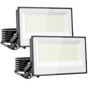 Onforu 100W Flood Lights Outdoor, 9000lm Bright LED Work Light with Plug, 6500K Daylight White LED Flood Lighting, IP66 Waterproof Security Lights Yard Lights for Yard Garage Stadium 2 Pack