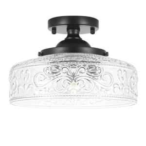 Daunton Semi Flush Mount Ceiling Light Fixture, Vintage Matte Black 3-Light Fixture with Etched Crystal Glass Shade for Kitchen,Hallway, Entryway, Bedroom (No E12 Bulbs Included)