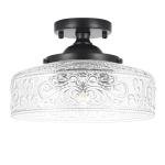 Daunton Semi Flush Mount Ceiling Light Fixture, Vintage Matte Black 3-Light Fixture with Etched Crystal Glass Shade for Kitchen,Hallway, Entryway, Bedroom (No E12 Bulbs Included)