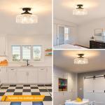 Daunton Semi Flush Mount Ceiling Light Fixture, Vintage Matte Black 3-Light Fixture with Etched Crystal Glass Shade for Kitchen,Hallway, Entryway, Bedroom (No E12 Bulbs Included)