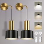 VerRon Set of 2 Battery Operated Wall Sconces, Wireless Wall Lights with Remote, Black & Gold Dimmable Wall Lamps with 3000K/4000K/6000K LED Bulbs, Modern Sconces for Bedroom Living Room Hallway
