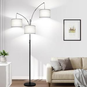 Dimmable Floor Lamp, 3 Lights Arc Floor Lamps for Living Room, Modern Tall Standing Tree Lamp with Gray Linen Shade & Heavy Base, Large Floor Lamp for Bedroom Office, 3x1000 LM LED Bulbs Included
