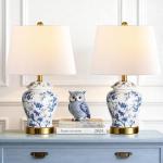 QiMH Chinoiserie Ceramic Table Lamps Set of 2 for Living Room, Vintage Traditional Bedside Lamps for Night Stands, 26" Large Blue and White Table Lamp for Bedroom Cottage, Gold(LED Bulbs Included)