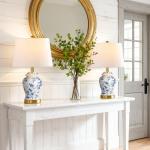 QiMH Chinoiserie Ceramic Table Lamps Set of 2 for Living Room, Vintage Traditional Bedside Lamps for Night Stands, 26" Large Blue and White Table Lamp for Bedroom Cottage, Gold(LED Bulbs Included)